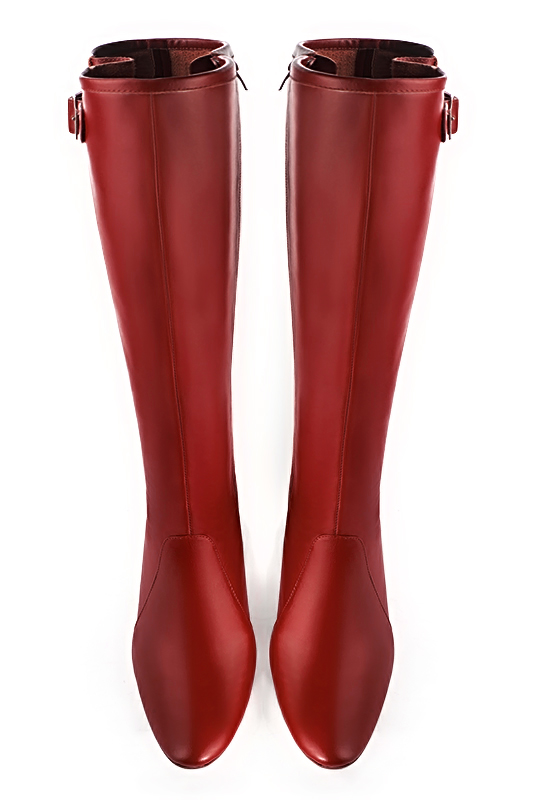 Scarlet red women's knee-high boots with buckles. Round toe. High block heels. Made to measure. Top view - Florence KOOIJMAN